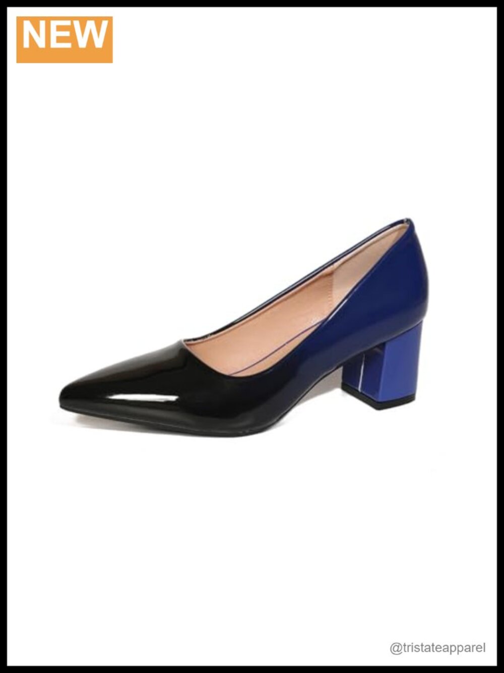 Women's Pointed Toe Two Tone Low Chunky Block Heel Dressy Pumps